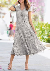 Glamorous V-neck Short sleeves A-line Lace Mother dress
